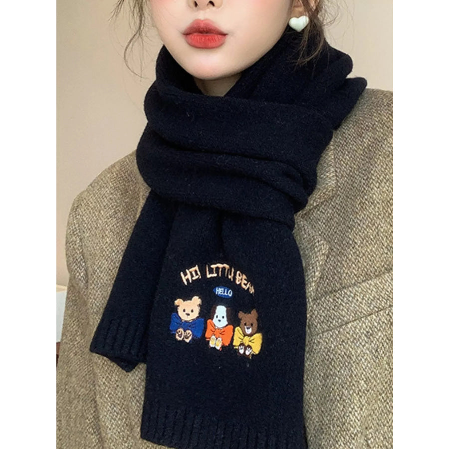 Embroidered Cartoon Warm Scarf Black / One Size Apparel and Accessories
