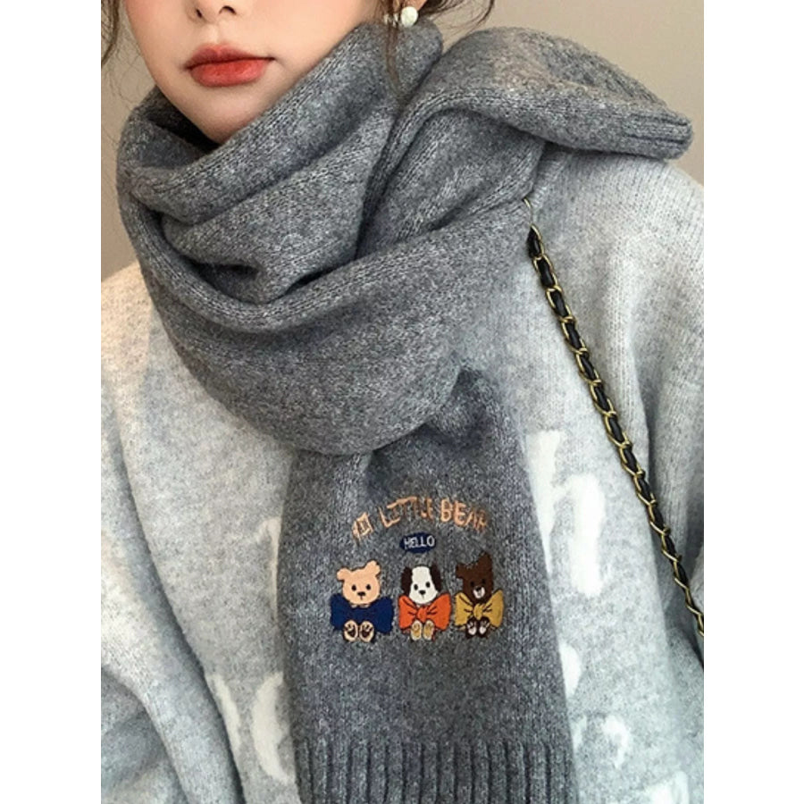 Embroidered Cartoon Warm Scarf Dark Gray / One Size Apparel and Accessories