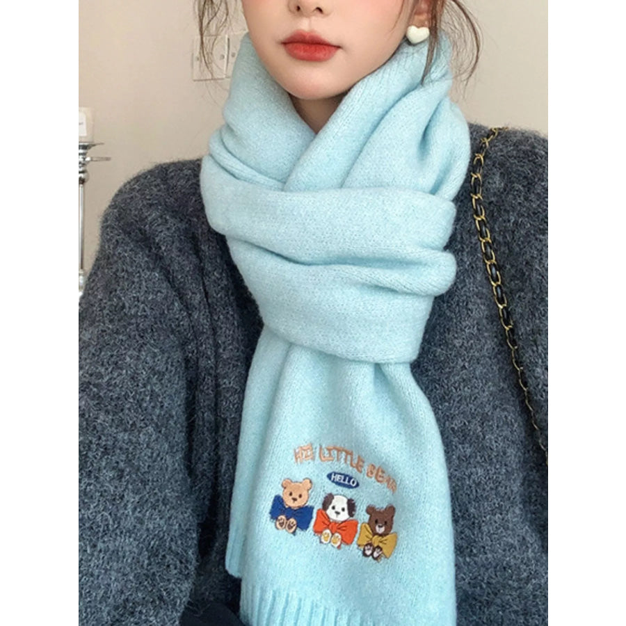 Embroidered Cartoon Warm Scarf Lake Blue / One Size Apparel and Accessories