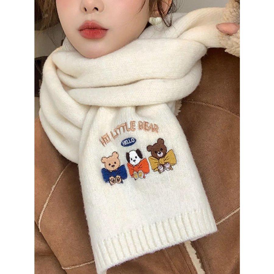 Embroidered Cartoon Warm Scarf Off-white / One Size Apparel and Accessories