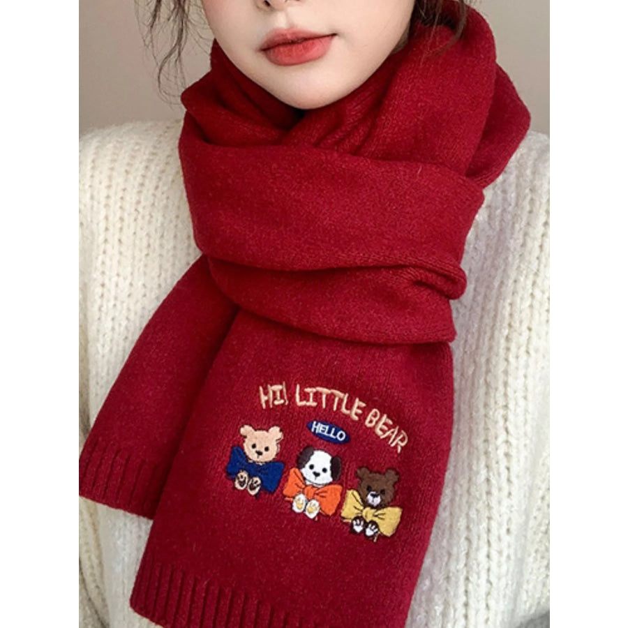 Embroidered Cartoon Warm Scarf Red / One Size Apparel and Accessories