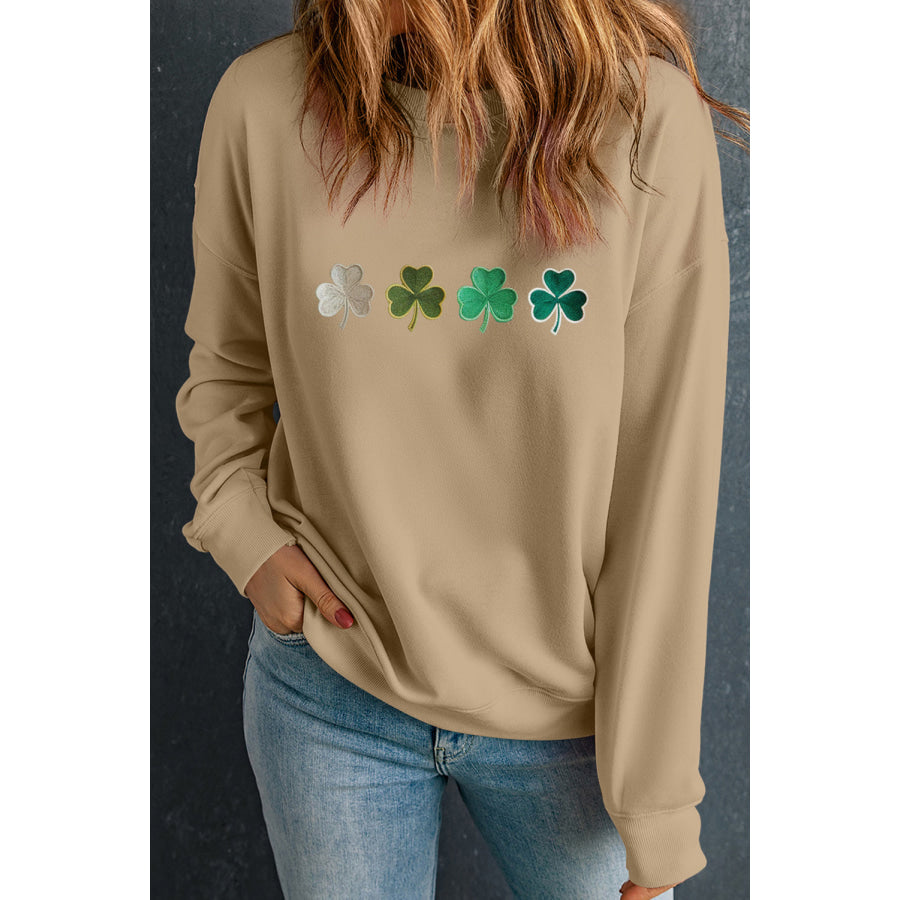 Embroidered Clover Pattern Round Neck Sweatshirt Apparel and Accessories