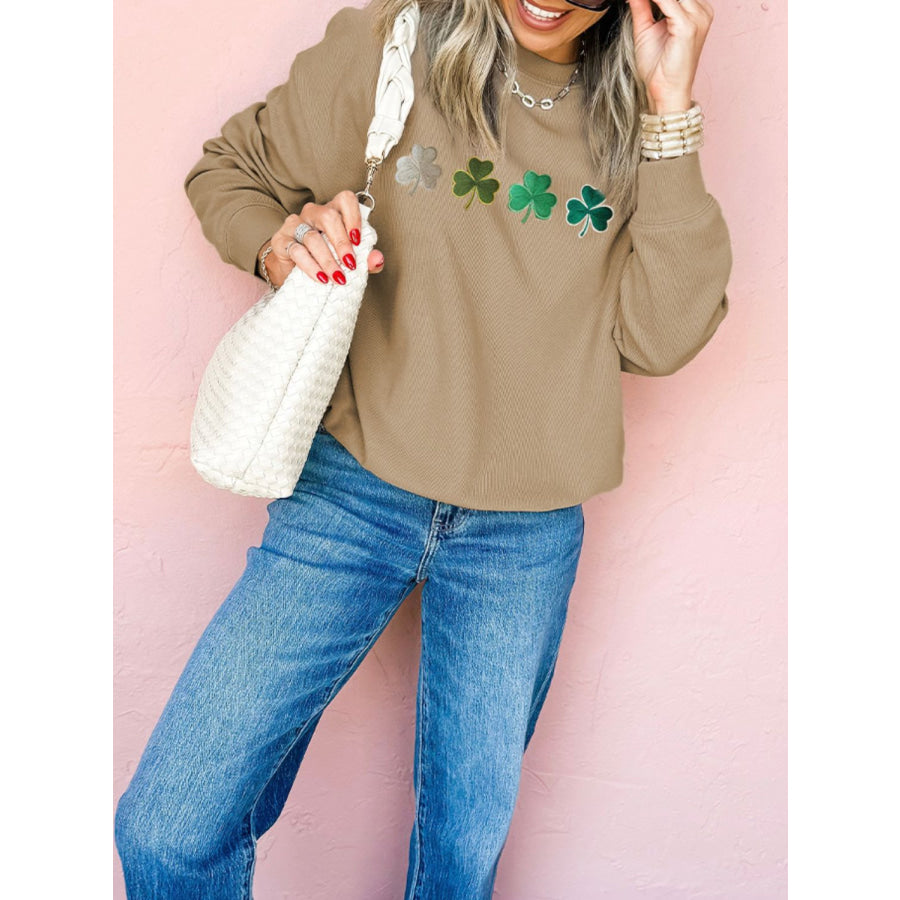 Embroidered Clover Pattern Round Neck Sweatshirt Apparel and Accessories