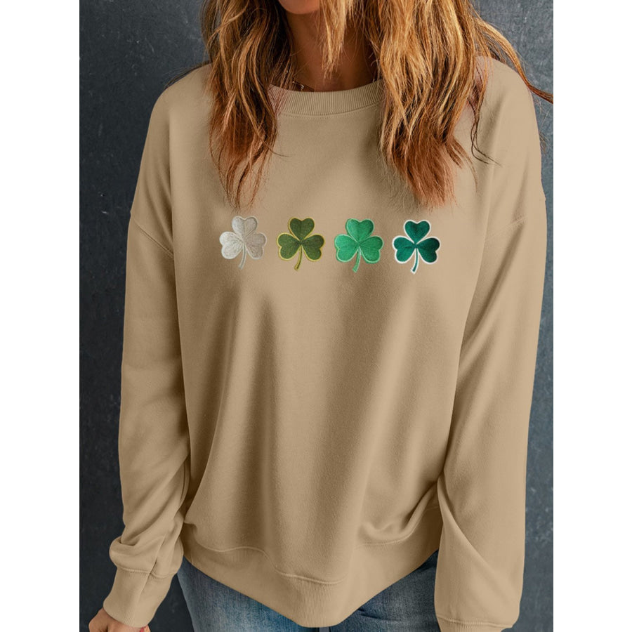 Embroidered Clover Pattern Round Neck Sweatshirt Apparel and Accessories