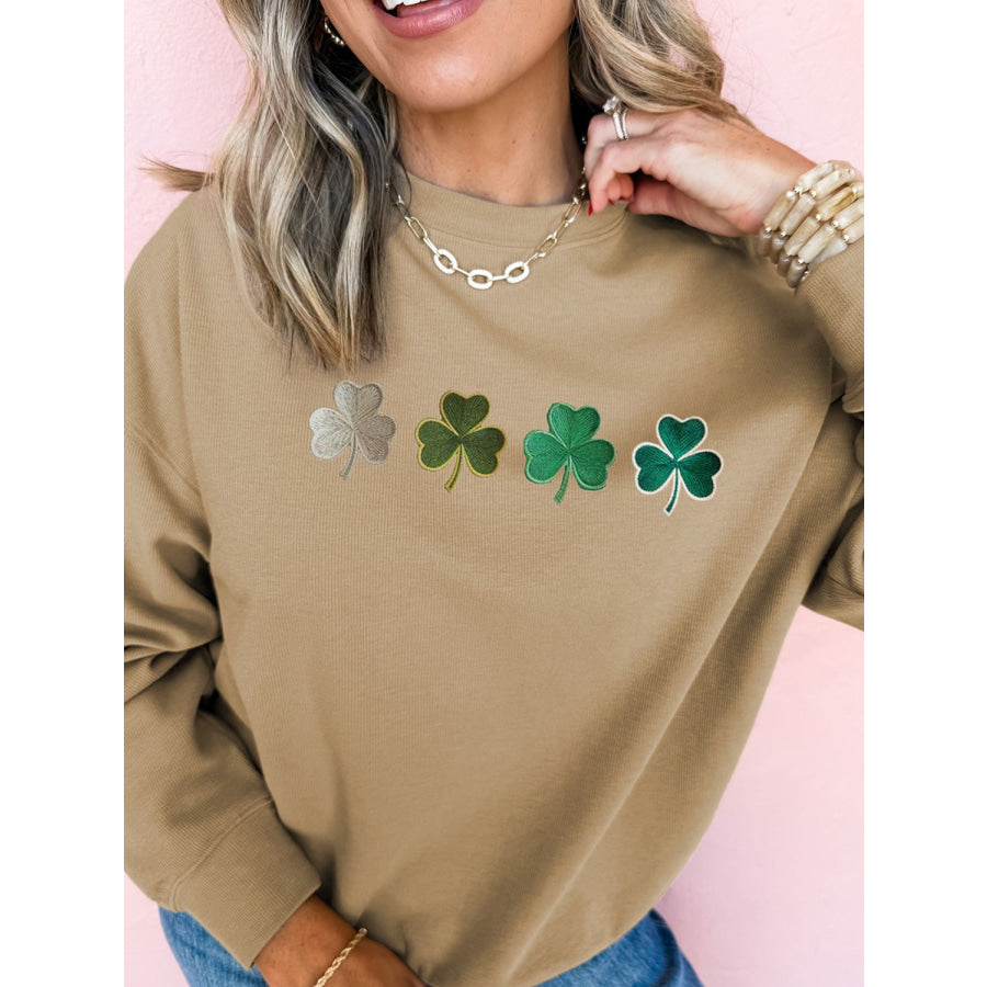 Embroidered Clover Pattern Round Neck Sweatshirt Camel / (US 4-6)S Apparel and Accessories