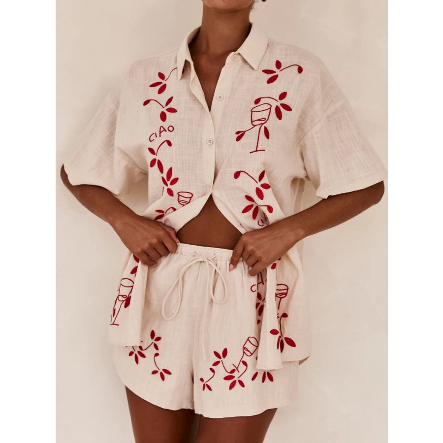 Embroidered Collared Neck Half Sleeve Top and Shorts Set Eggshell / S Apparel and Accessories