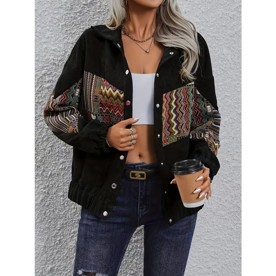 Embroidered Collared Neck Snap Down Jacket Apparel and Accessories