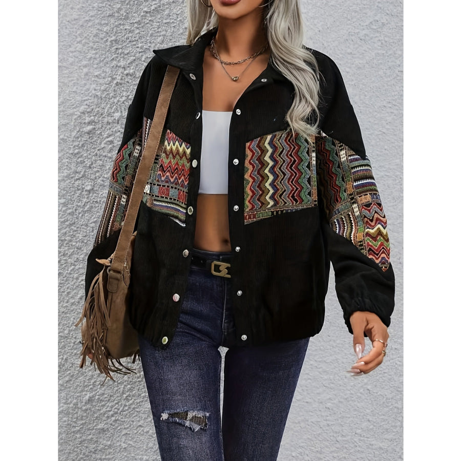 Embroidered Collared Neck Snap Down Jacket Apparel and Accessories