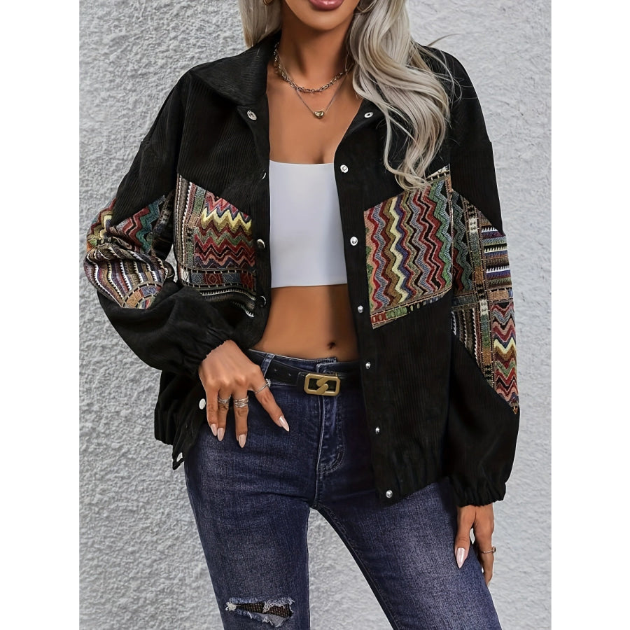 Embroidered Collared Neck Snap Down Jacket Apparel and Accessories