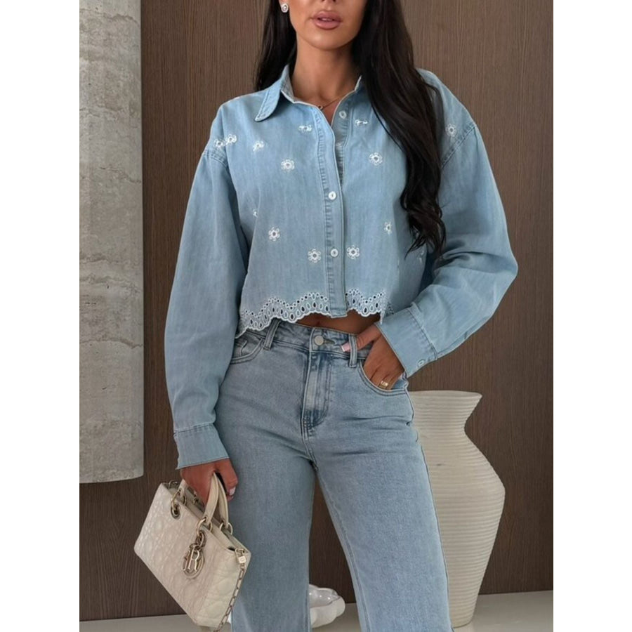 Embroidered Cropped Denim Shirt Apparel and Accessories