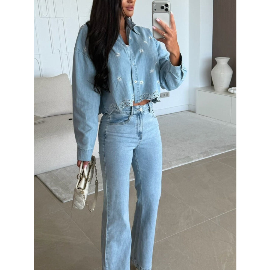 Embroidered Cropped Denim Shirt Apparel and Accessories