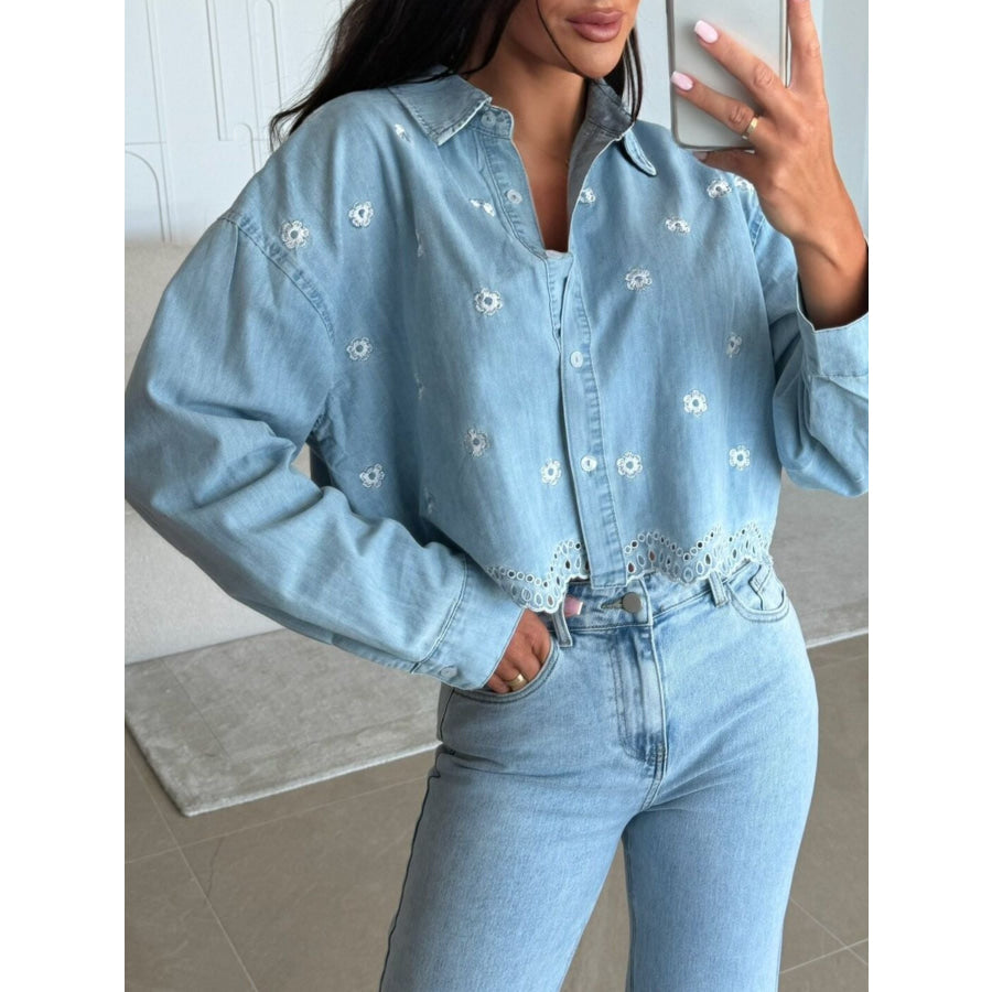 Embroidered Cropped Denim Shirt Apparel and Accessories