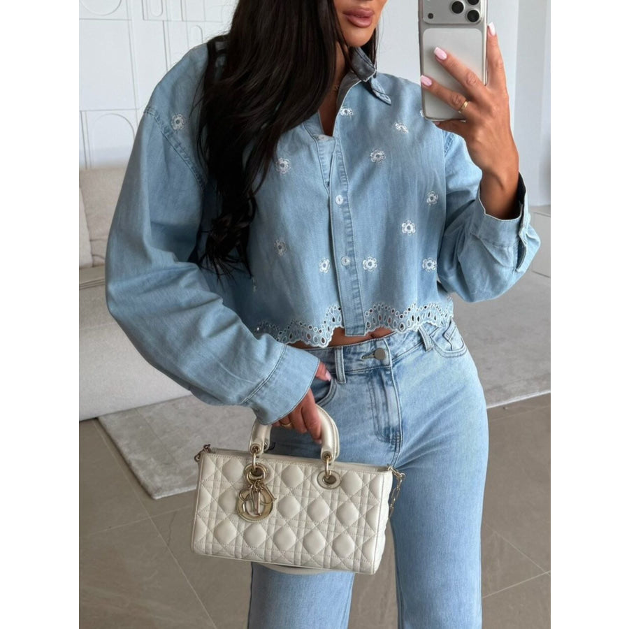 Embroidered Cropped Denim Shirt Apparel and Accessories
