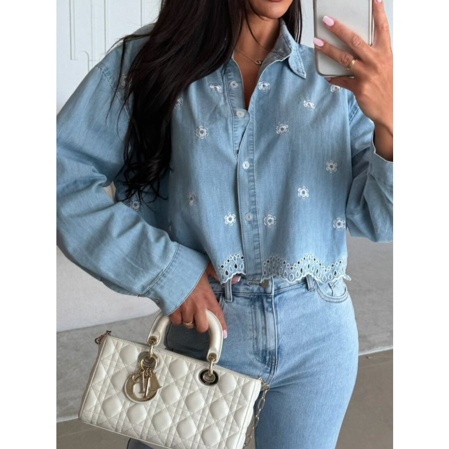 Embroidered Cropped Denim Shirt Apparel and Accessories