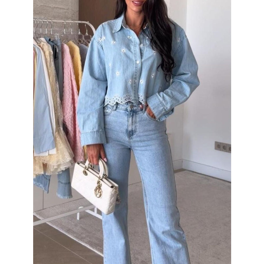 Embroidered Cropped Denim Shirt Light Blue / S Apparel and Accessories
