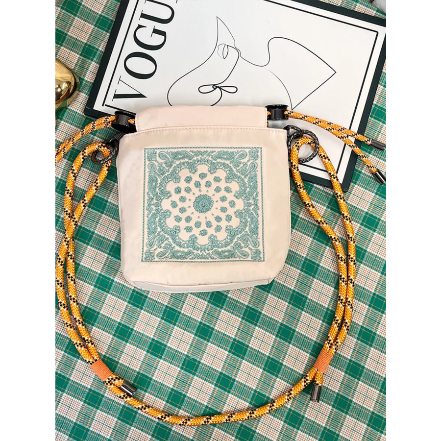 Embroidered Crossbody Bag with Rope Strap Beige / ONESIZE Apparel and Accessories