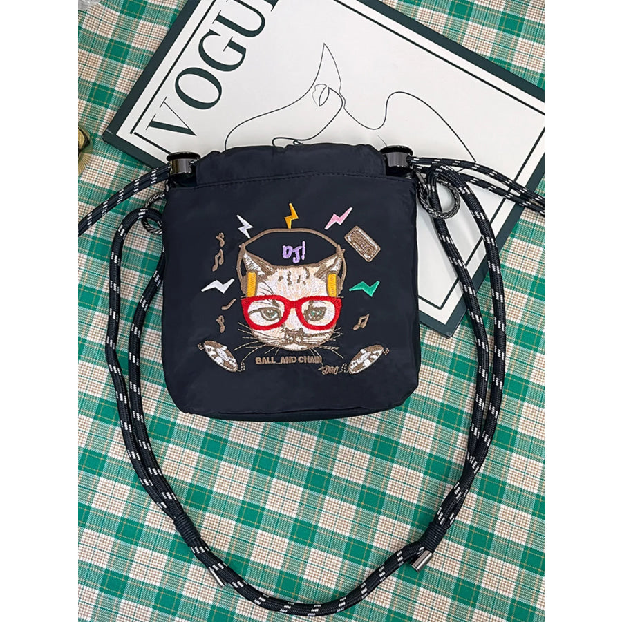 Embroidered Crossbody Bag with Rope Strap Black / ONESIZE Apparel and Accessories