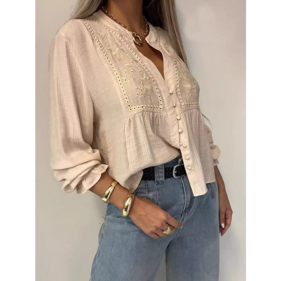 Embroidered Detail Button-Down Shirt Apricot / S Apparel and Accessories