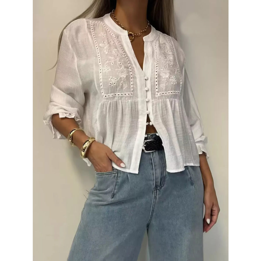 Embroidered Detail Button-Down Shirt Gray/white / S Apparel and Accessories