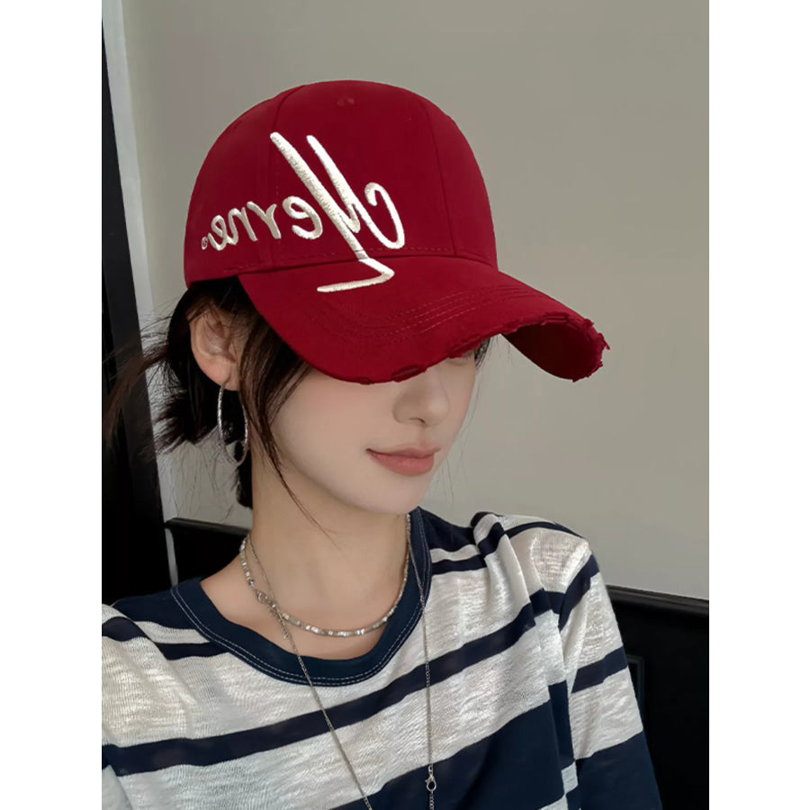 Embroidered Distressed Baseball Cap Wine Red / One Size Apparel and Accessories