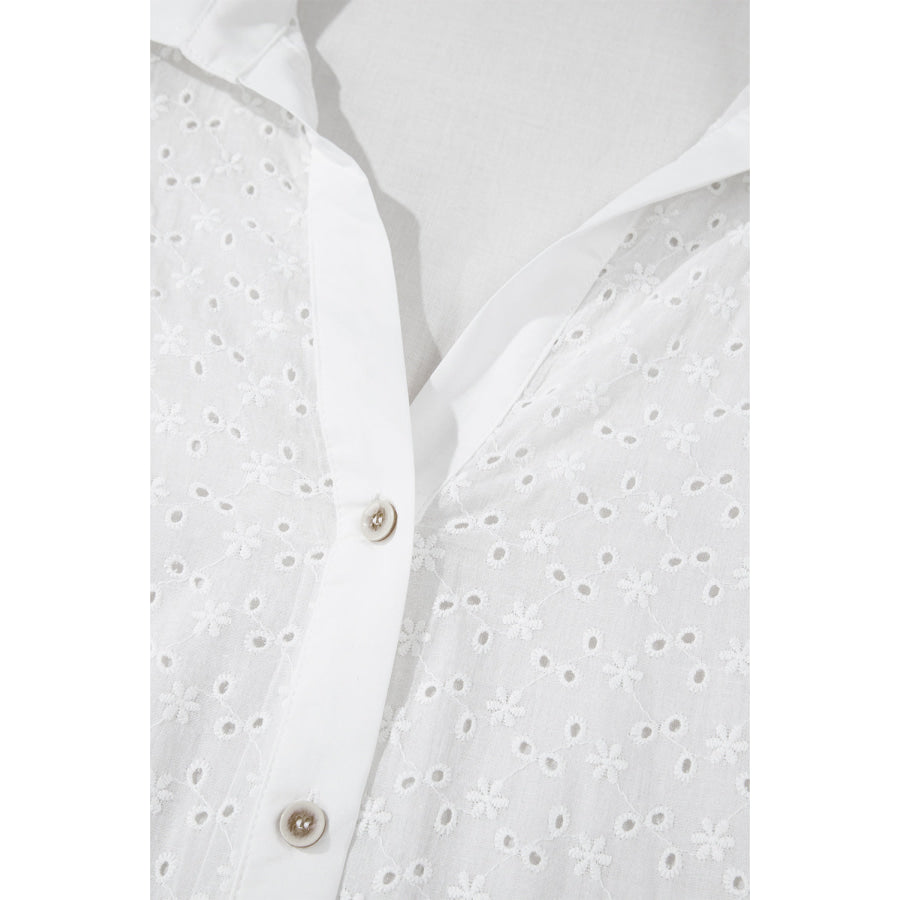 Embroidered Eyelet Collared Neck Long Sleeve Shirt Apparel and Accessories