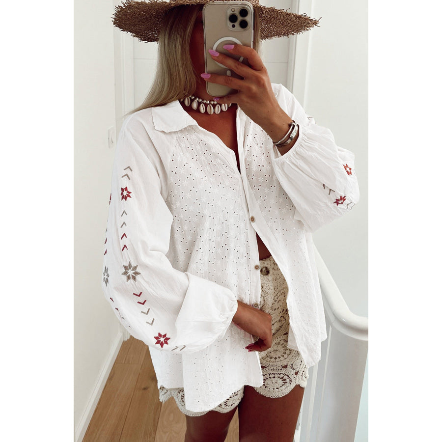 Embroidered Eyelet Collared Neck Long Sleeve Shirt Apparel and Accessories