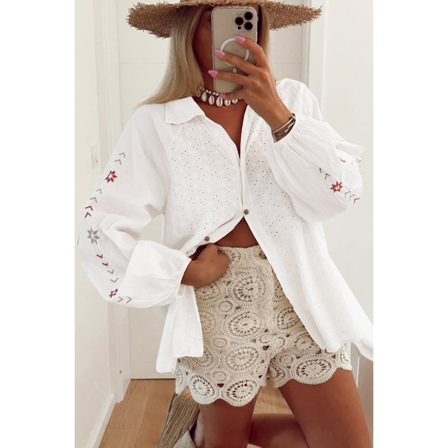 Embroidered Eyelet Collared Neck Long Sleeve Shirt White / S Apparel and Accessories