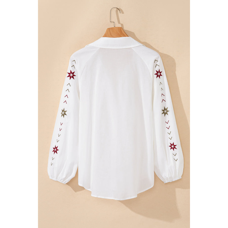 Embroidered Eyelet Collared Neck Long Sleeve Shirt Apparel and Accessories