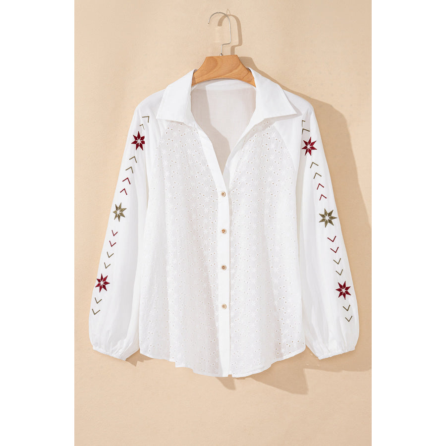 Embroidered Eyelet Collared Neck Long Sleeve Shirt Apparel and Accessories