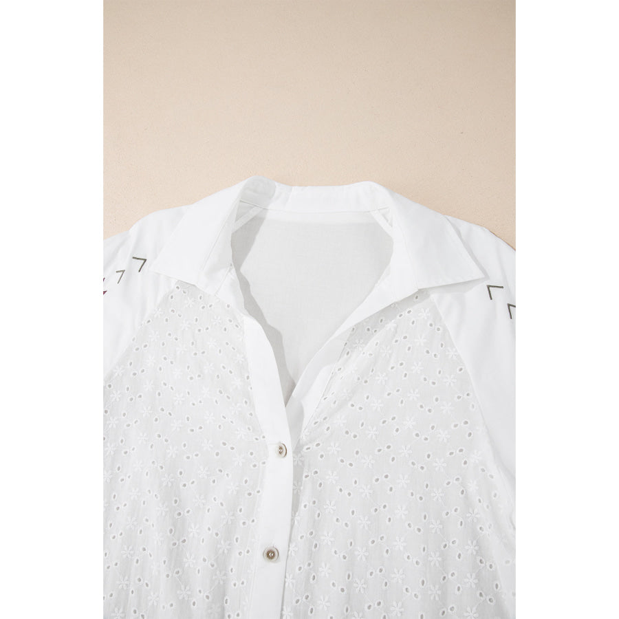 Embroidered Eyelet Collared Neck Long Sleeve Shirt Apparel and Accessories