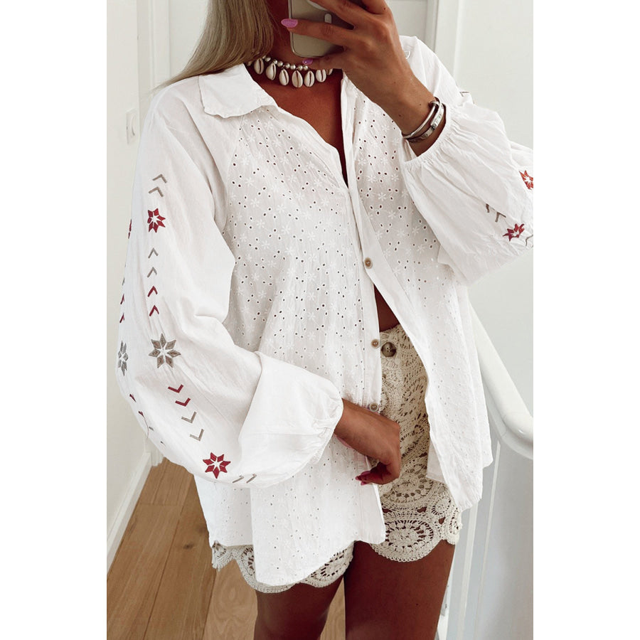 Embroidered Eyelet Collared Neck Long Sleeve Shirt White / S Apparel and Accessories