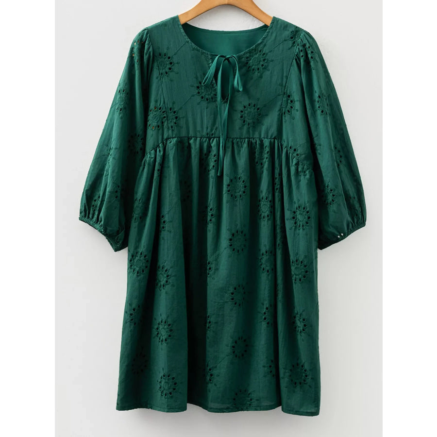 Embroidered Eyelet Pattern 3/4 Puffy Sleeve Swing Mini Dress Apparel and Accessories