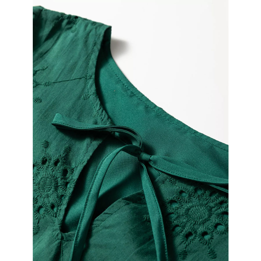 Embroidered Eyelet Pattern 3/4 Puffy Sleeve Swing Mini Dress Apparel and Accessories