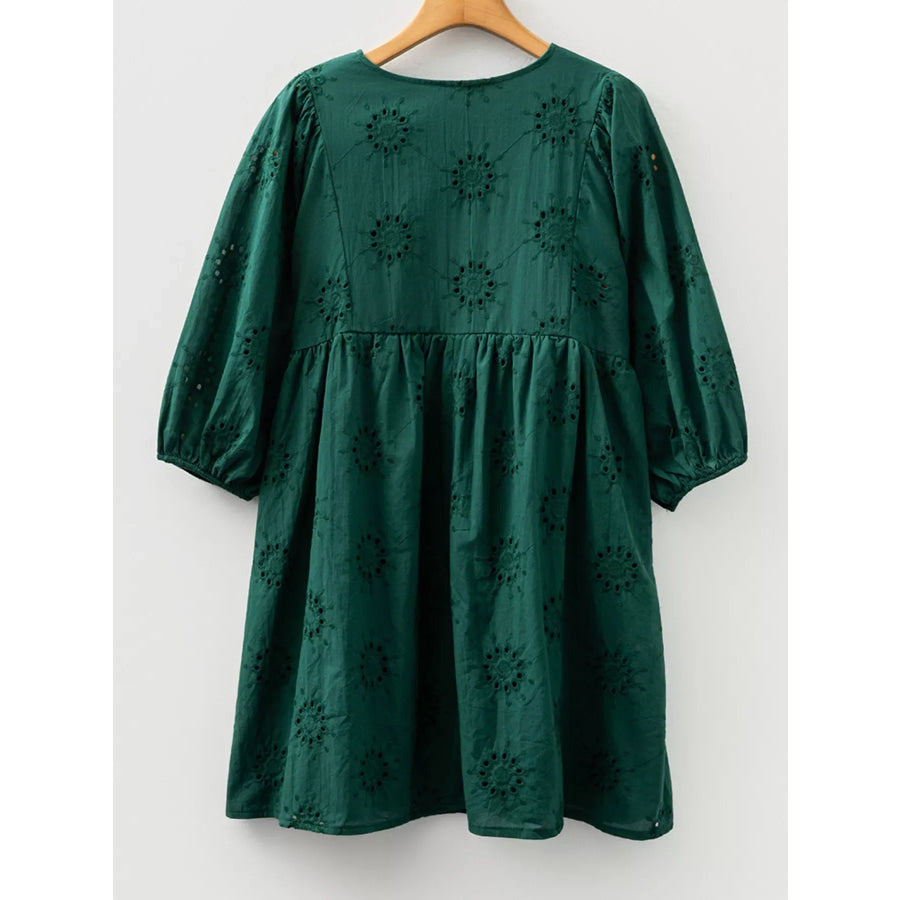 Embroidered Eyelet Pattern 3/4 Puffy Sleeve Swing Mini Dress Apparel and Accessories