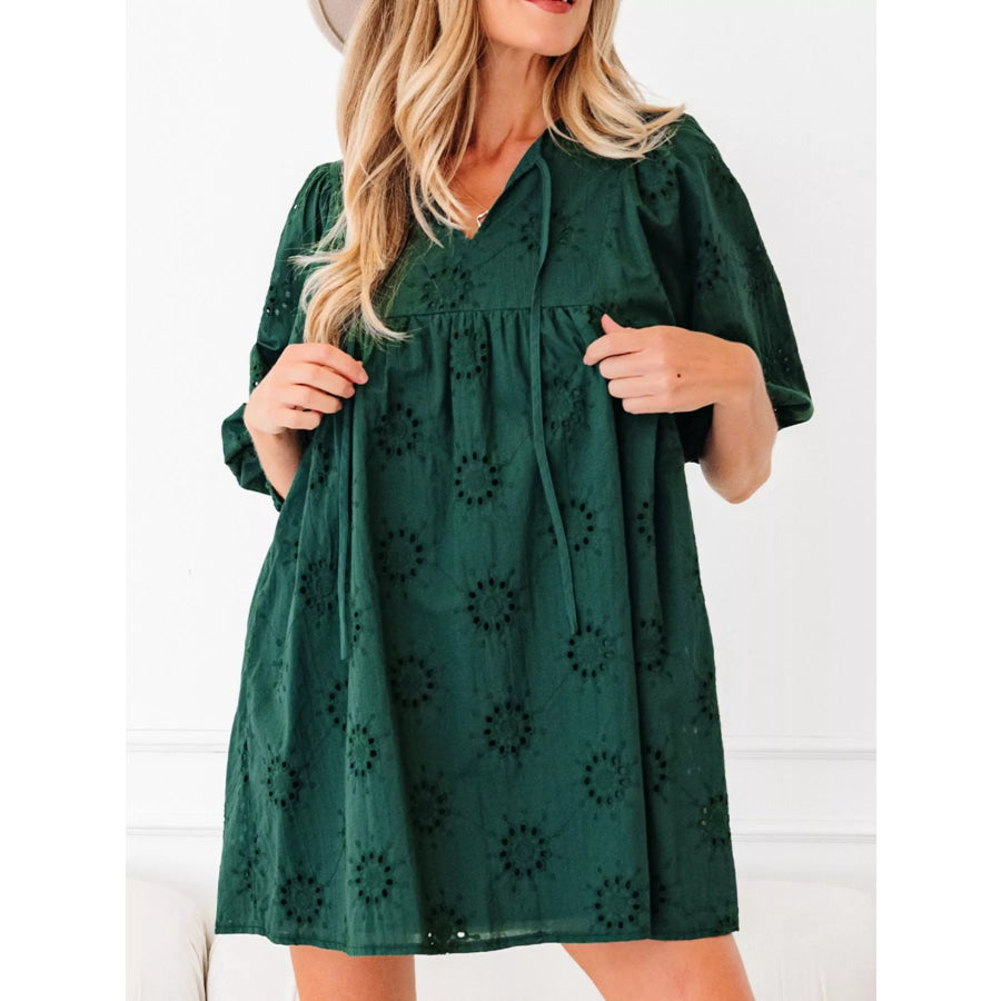 Embroidered Eyelet Pattern 3/4 Puffy Sleeve Swing Mini Dress Apparel and Accessories