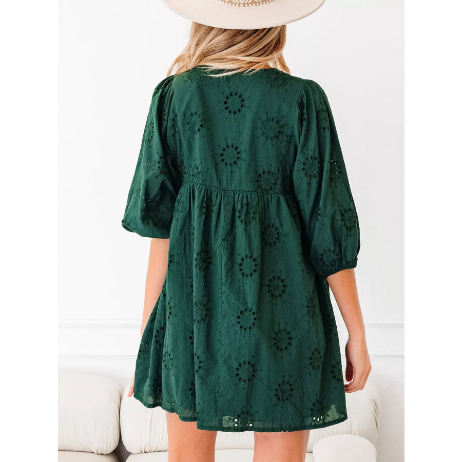Embroidered Eyelet Pattern 3/4 Puffy Sleeve Swing Mini Dress Apparel and Accessories