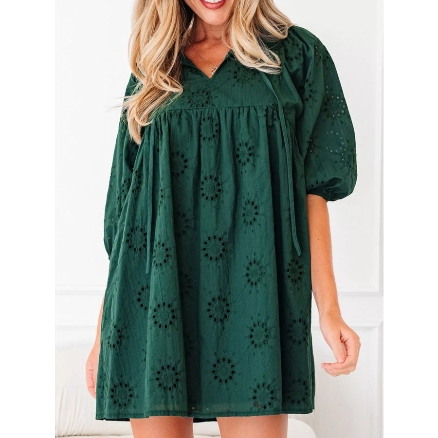 Embroidered Eyelet Pattern 3/4 Puffy Sleeve Swing Mini Dress Apparel and Accessories