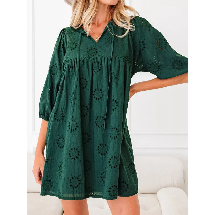 Embroidered Eyelet Pattern 3/4 Puffy Sleeve Swing Mini Dress Dark Green / S Apparel and Accessories