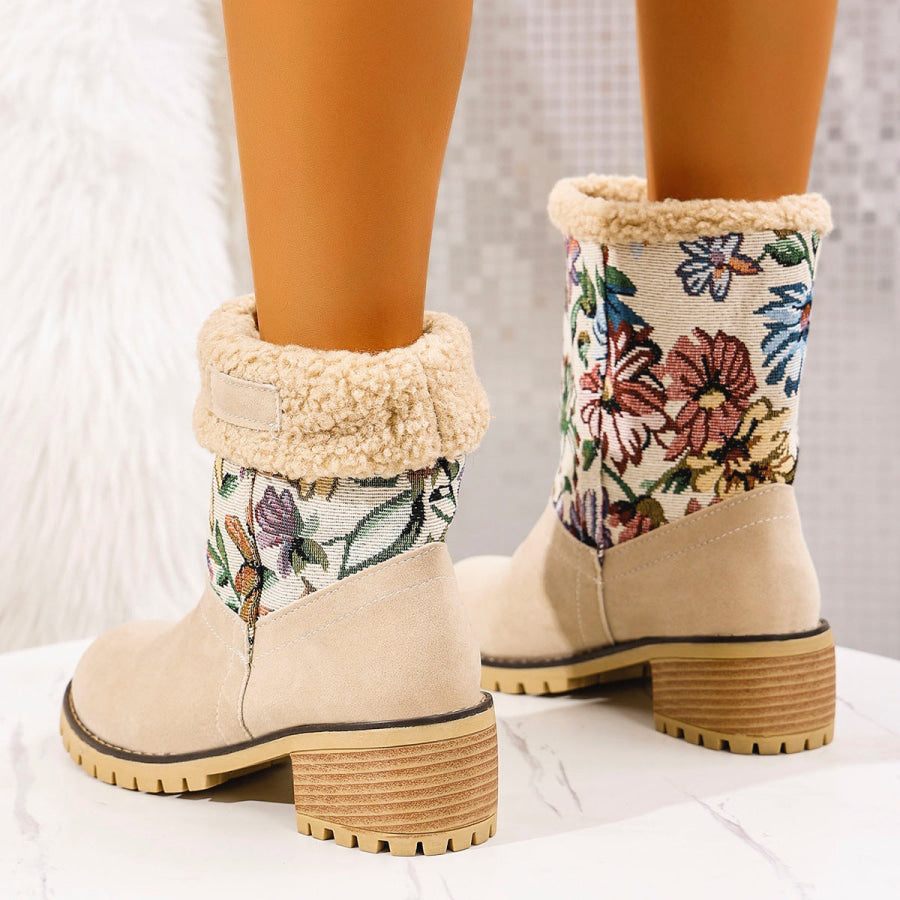 Embroidered Faux Fur Block Heel Boots Apparel and Accessories