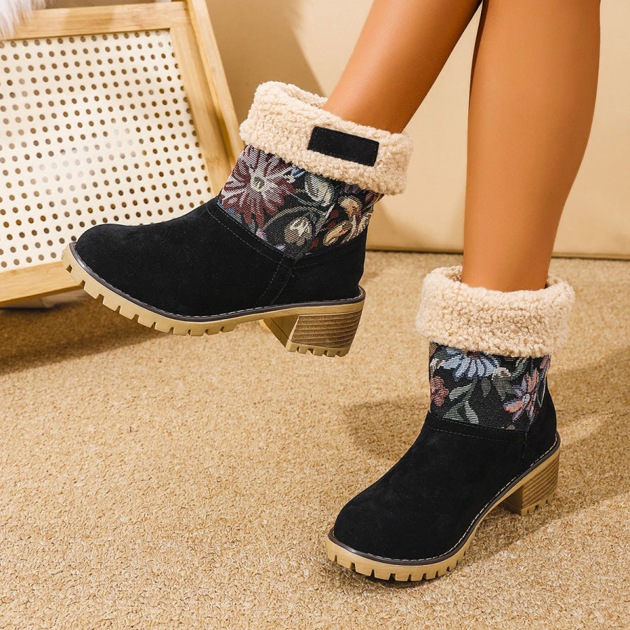 Embroidered Faux Fur Block Heel Boots Apparel and Accessories