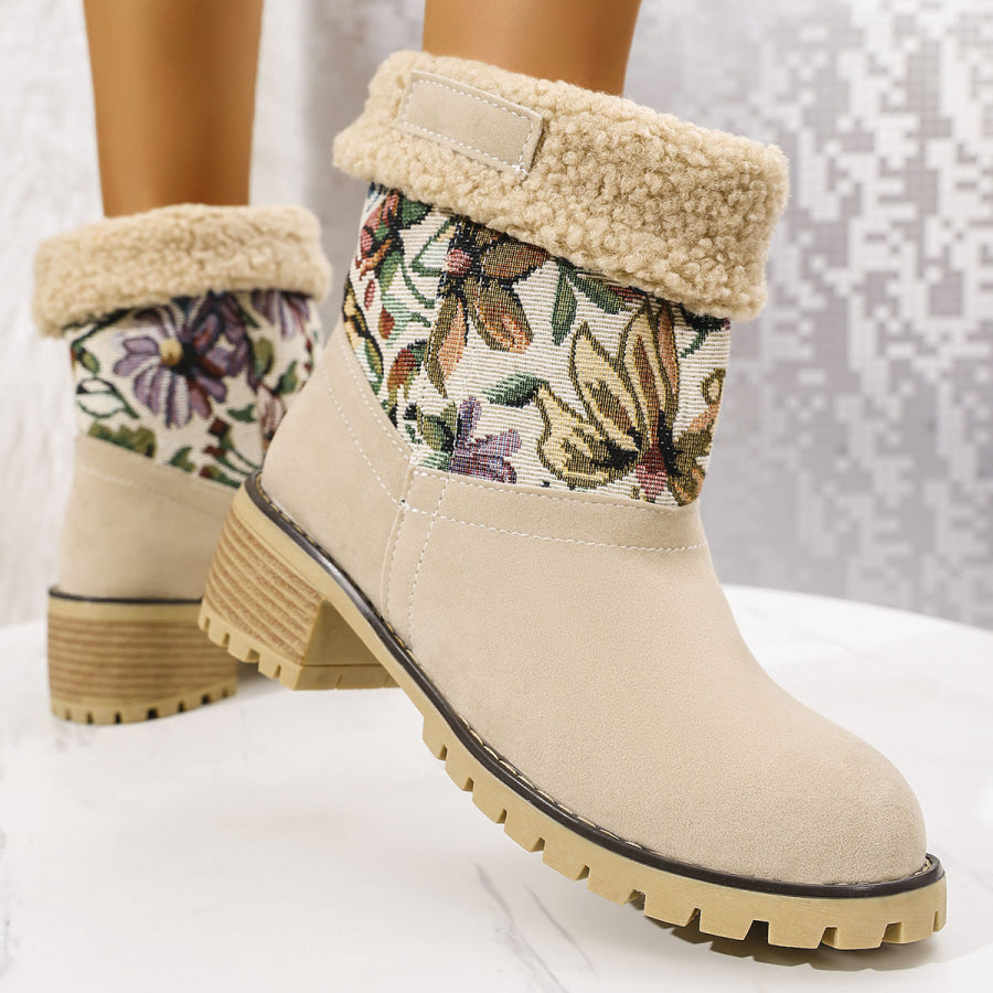 Embroidered Faux Fur Block Heel Boots Apparel and Accessories