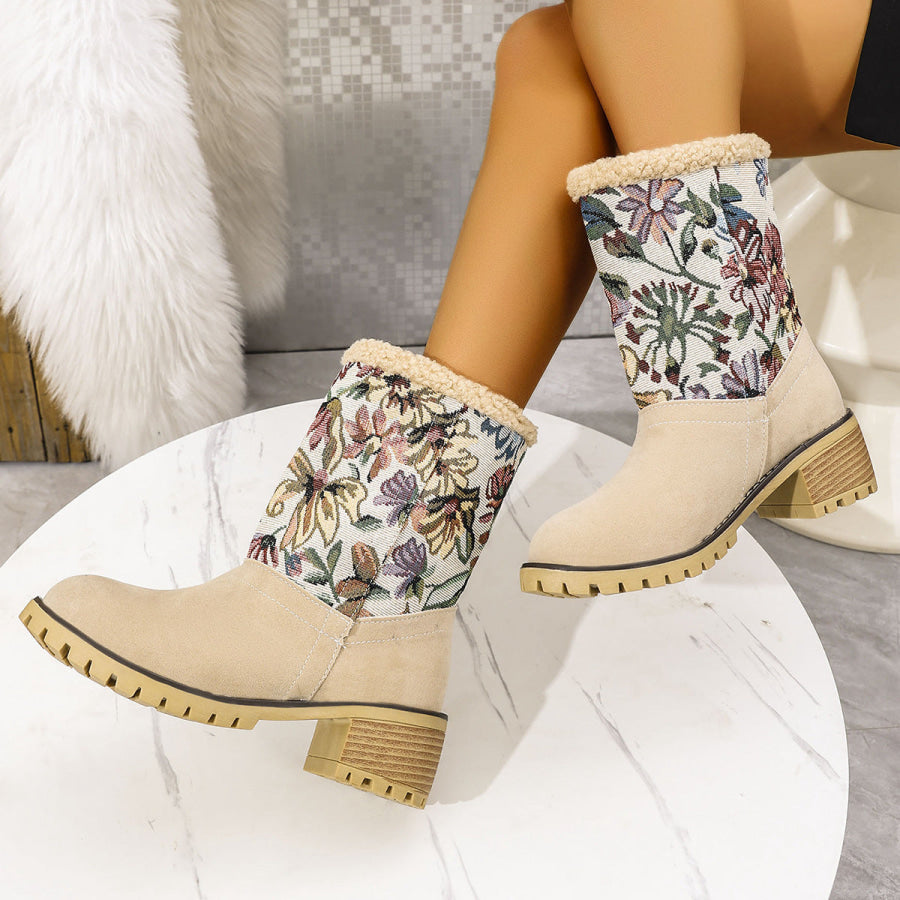 Embroidered Faux Fur Block Heel Boots Apparel and Accessories