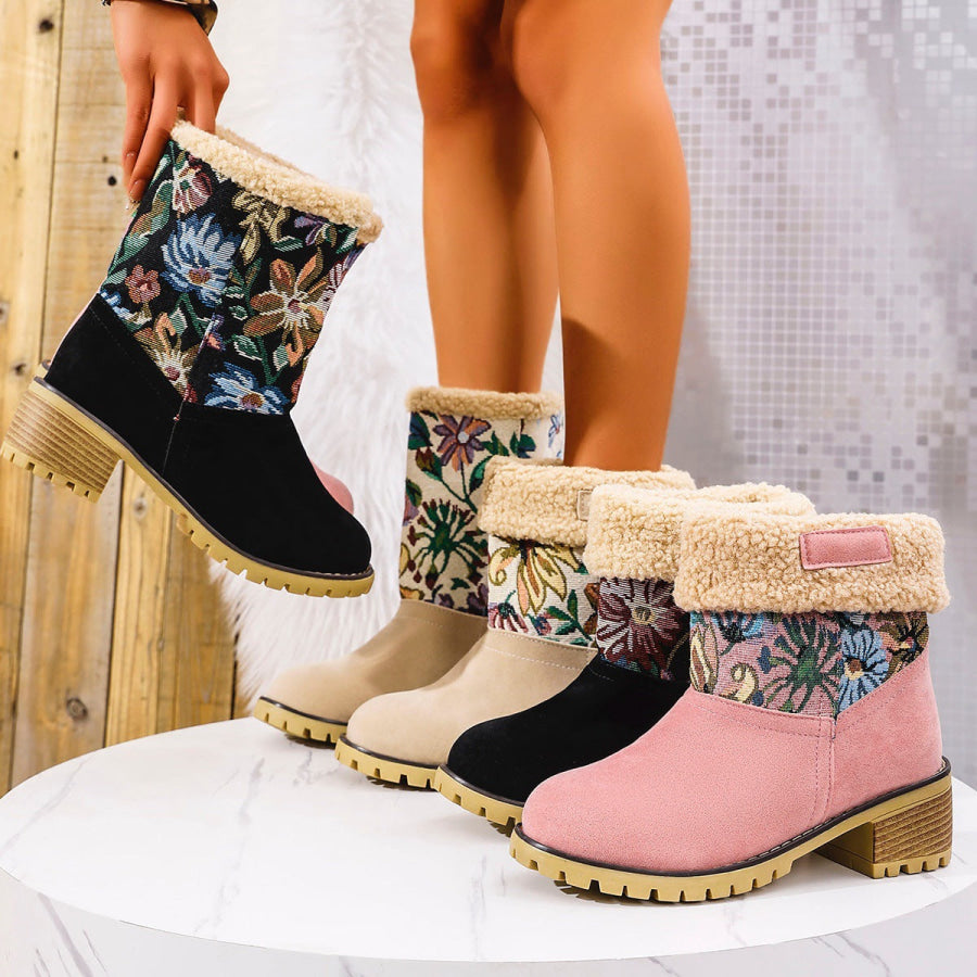 Embroidered Faux Fur Block Heel Boots Apparel and Accessories