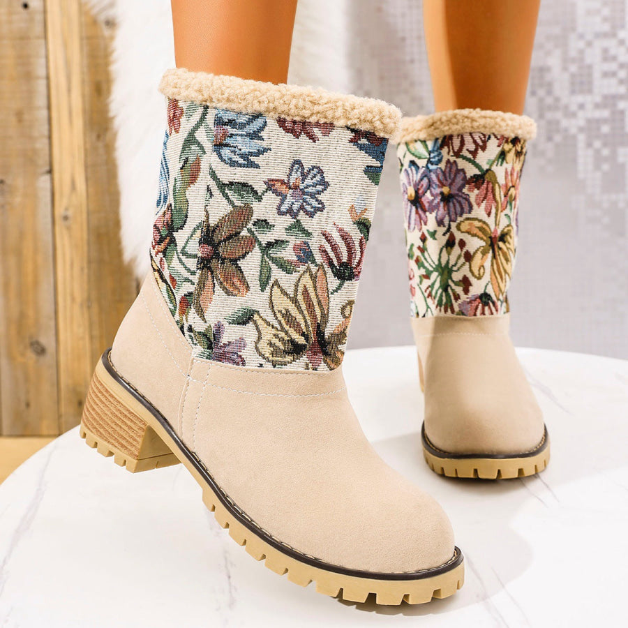 Embroidered Faux Fur Block Heel Boots Apparel and Accessories