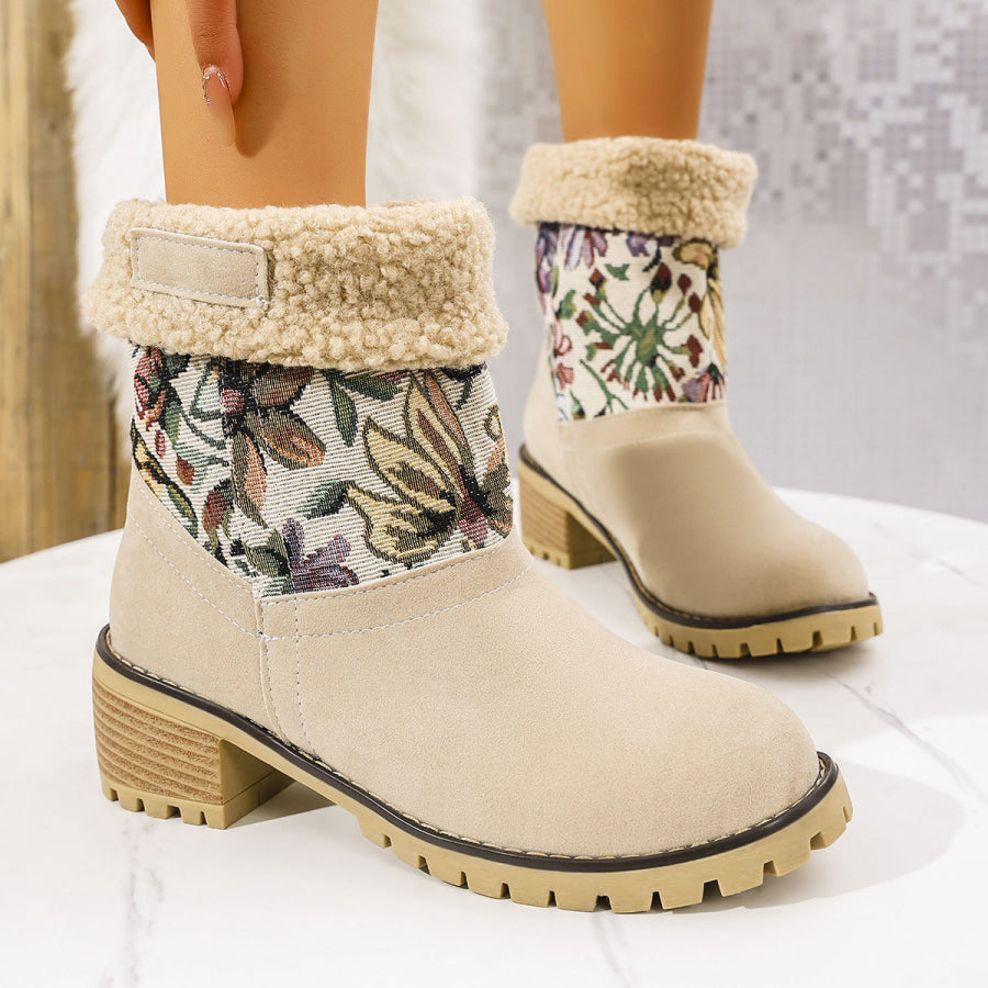 Embroidered Faux Fur Block Heel Boots Beige / 35(US4) Apparel and Accessories