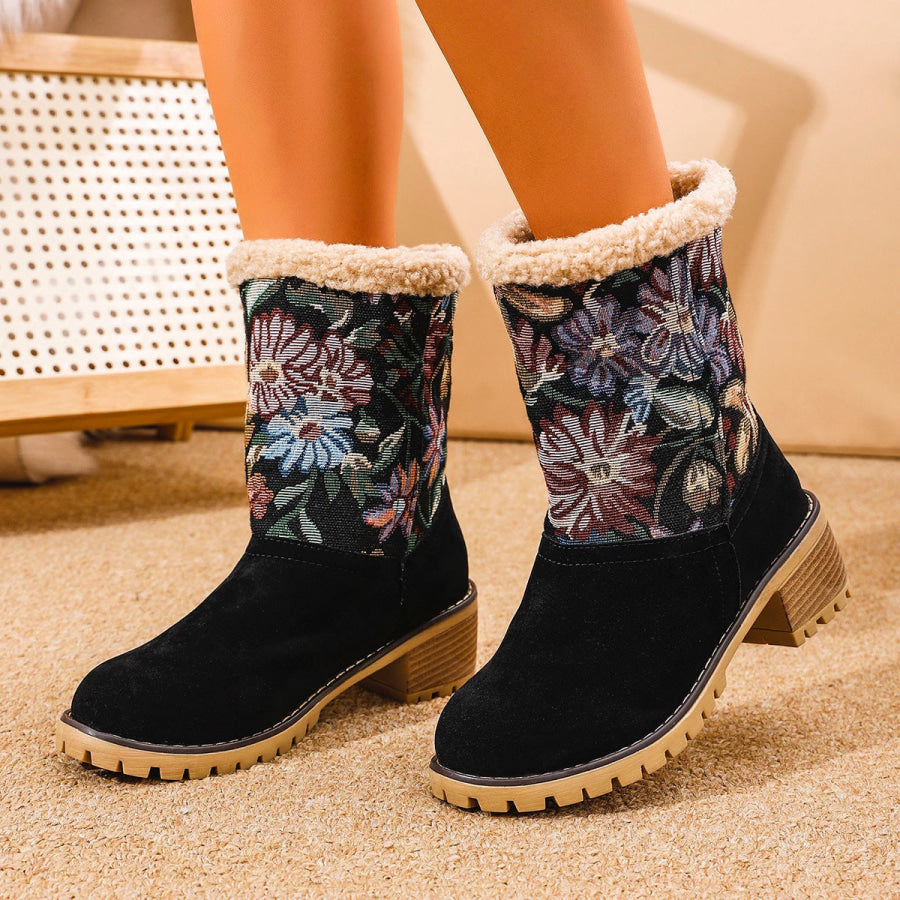 Embroidered Faux Fur Block Heel Boots Black / 35(US4) Apparel and Accessories