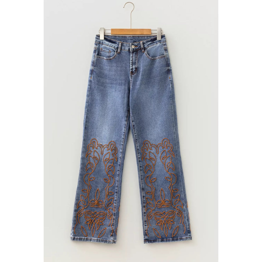 Embroidered Flare Leg Jeans Apparel and Accessories