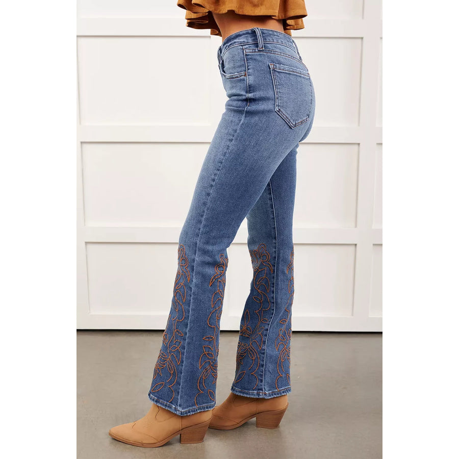 Embroidered Flare Leg Jeans Apparel and Accessories