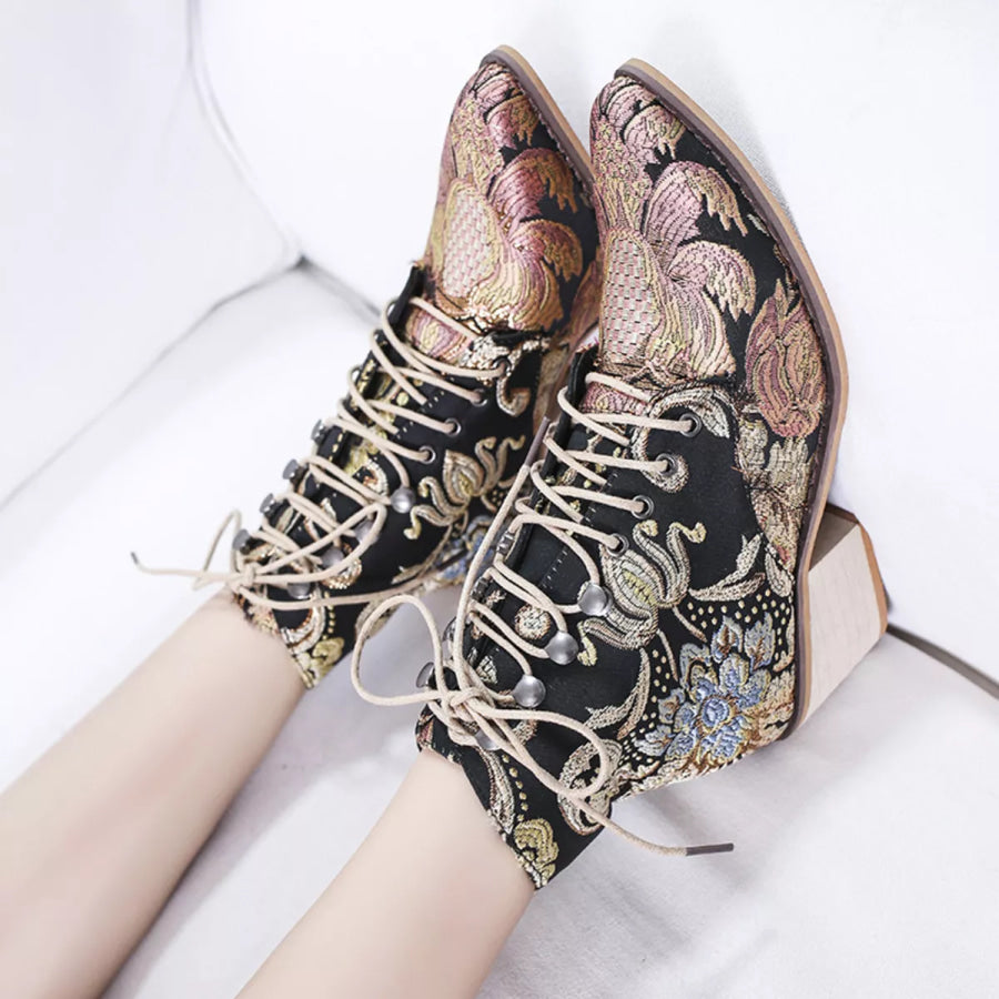 Embroidered Floral Lace-Up Ankle Boots Apparel and Accessories