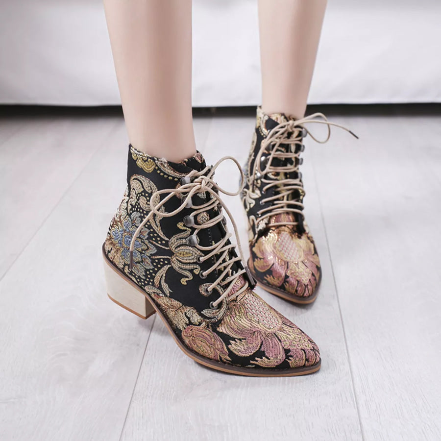 Embroidered Floral Lace-Up Ankle Boots Apparel and Accessories